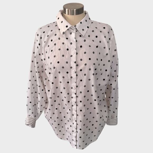 Chico's XL No Iron Size 3 Button Front Shirt White with Black Dotted 100% Cotton - Picture 1 of 8